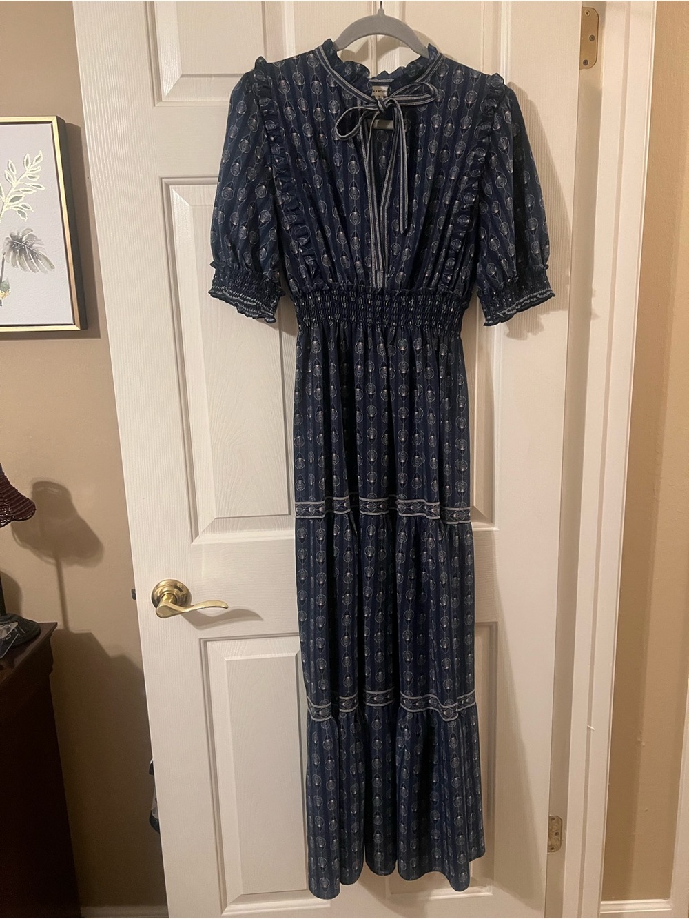Like New Max Studio Cottagore Navy Blue Patterned Maxi Dress Size Small - Picture 6 of 16